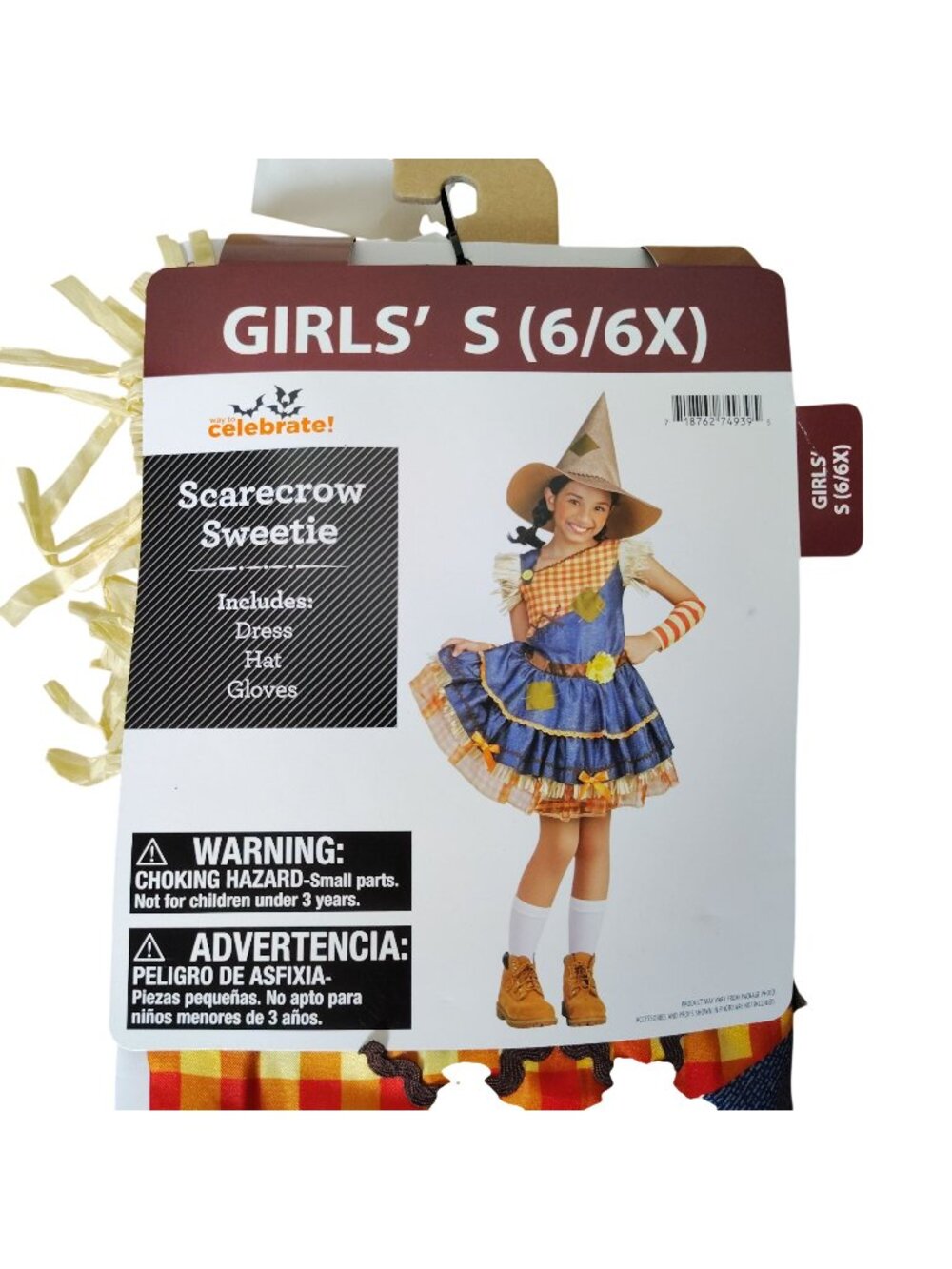 Way to Celebrate Scarecrow Sweetie Costume Girls Small 6 6X Dress Hat Halloween